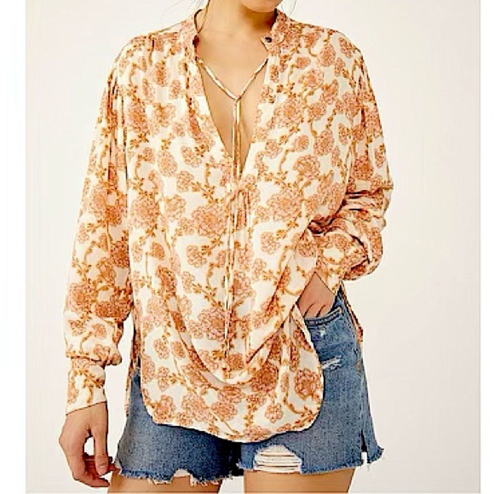 Free People Mia Floral Blouse Top Tunic Shirt Long Sleeve Ivory Combo NWT $128